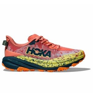 Hoka Women's Trail Runner in Coral and Yellow with Navy Accents